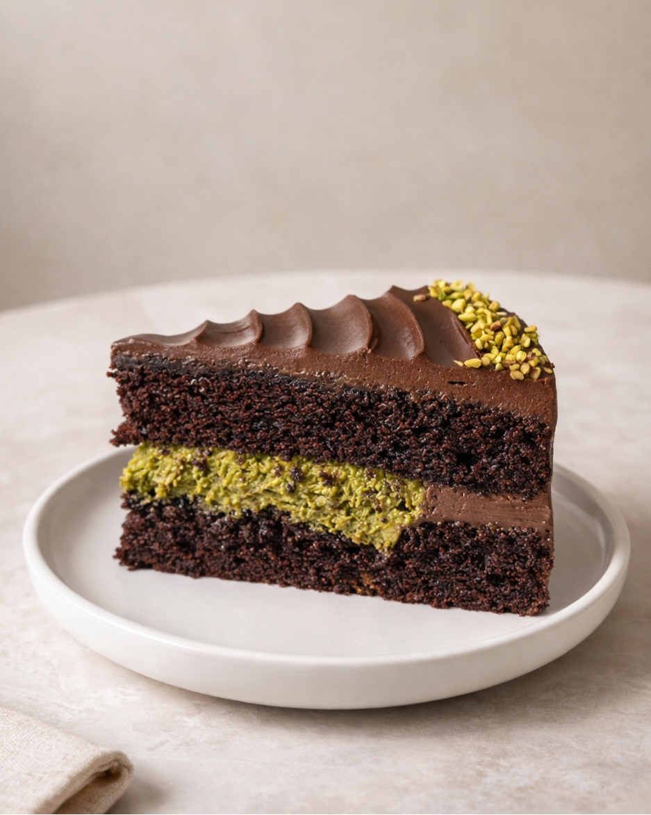 Pistachio Kunafa Chocolate Cake
